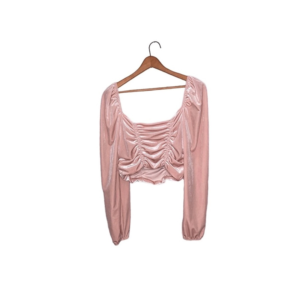 Divided by H&M Velvet Ruched Puff Sleeve Crop Top Pink